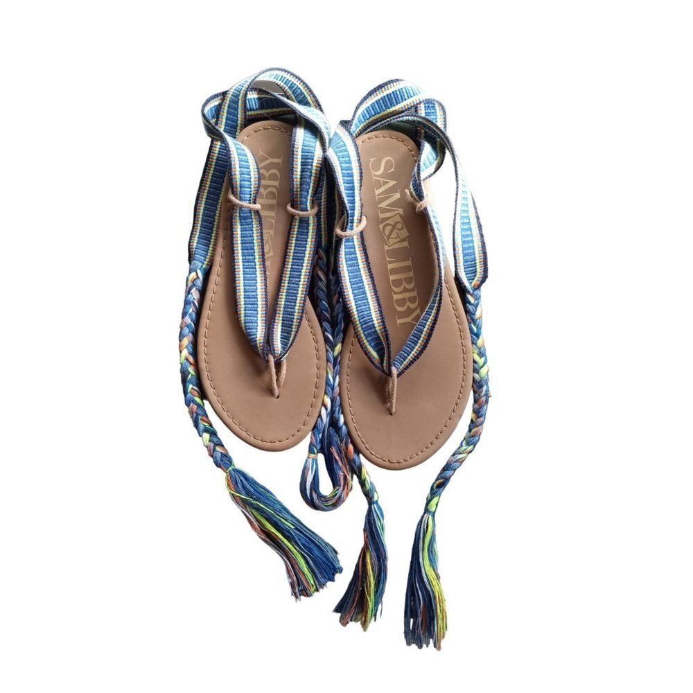 Sam and Libby blue and green multi color blend fabric Tie sandals‎